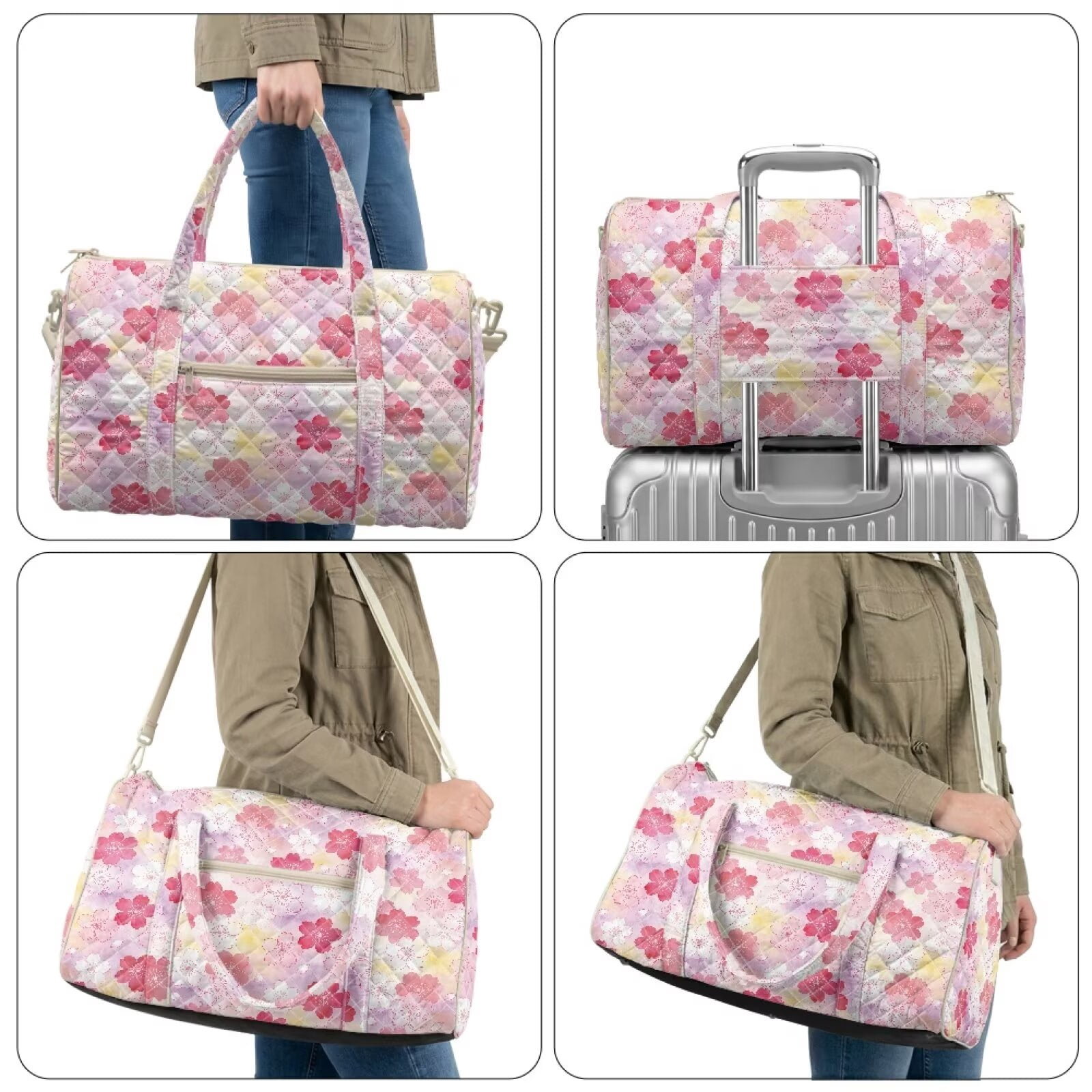 Garronmavis Pink Cherry Blossom Large Quilted Duffle Bag for Women, Weekender Travel Bag Carry On Bag with Zipper Pockets, Cute Gym Overnight Dance Tote