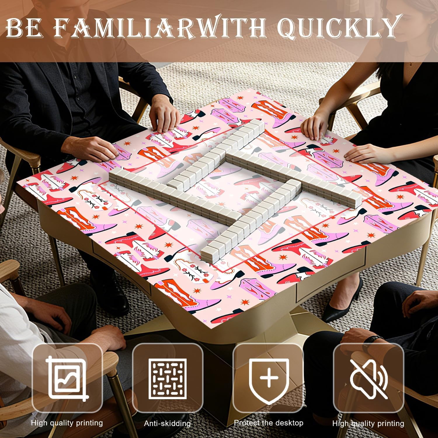 Pink Western Mahjong Mat for Table 31.5x31.5 in, Coquette Preppy Cowgirl Boot Mahjong Table Mat Cover Anti Slip Noise Reduction for Mah Jong Card Board Tile Games