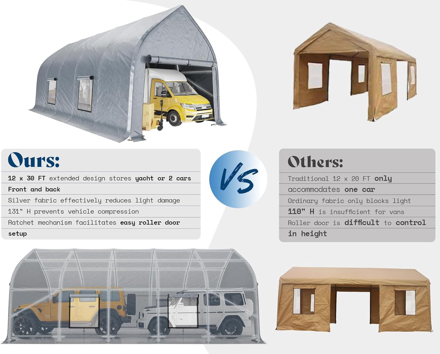 Jocisland 12x30 ft Carport with Galvanized Frame for Car, Roll-Up Doors, Heavy Duty Outdoor Canopy