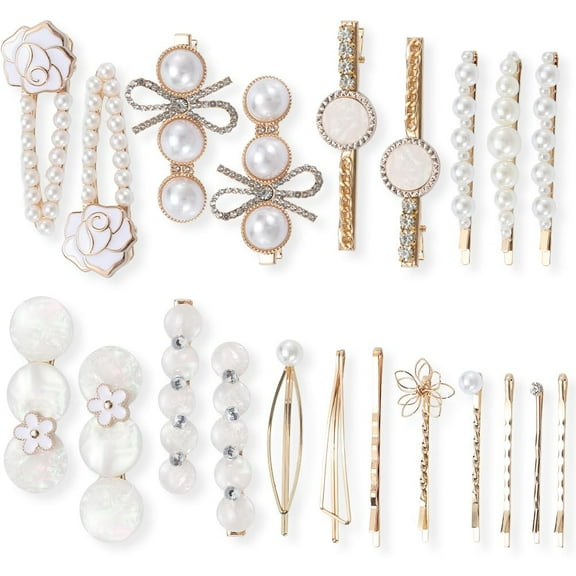 22Pcs 4 Styles White Pearl Hair Barrette Bobby Pin Hair Clips Elegant Alloy Gold Flower Leaf Triangle Decorative Headwear Accessories Kit for Long Short Wedding Party Hairstyle DIY Decoration
