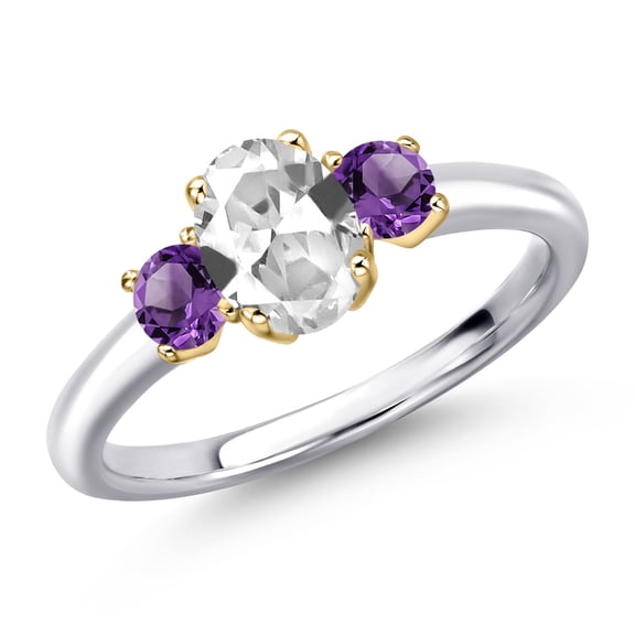Gem Stone King 925 Silver and 10K Yellow Gold White Created Sapphire and Purple Amethyst Engagement Ring for Women | 1.32 Cttw | Oval 7X5MM | Gemstone September Birthstone | Size 5