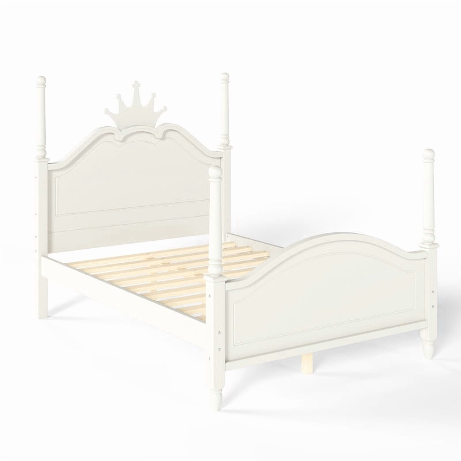 Full Size Kids Low Profile Platform Bed, Curved Footboard Four Poster Bed, Wooden Princess Bed Frame with Crown Shaped Headboard