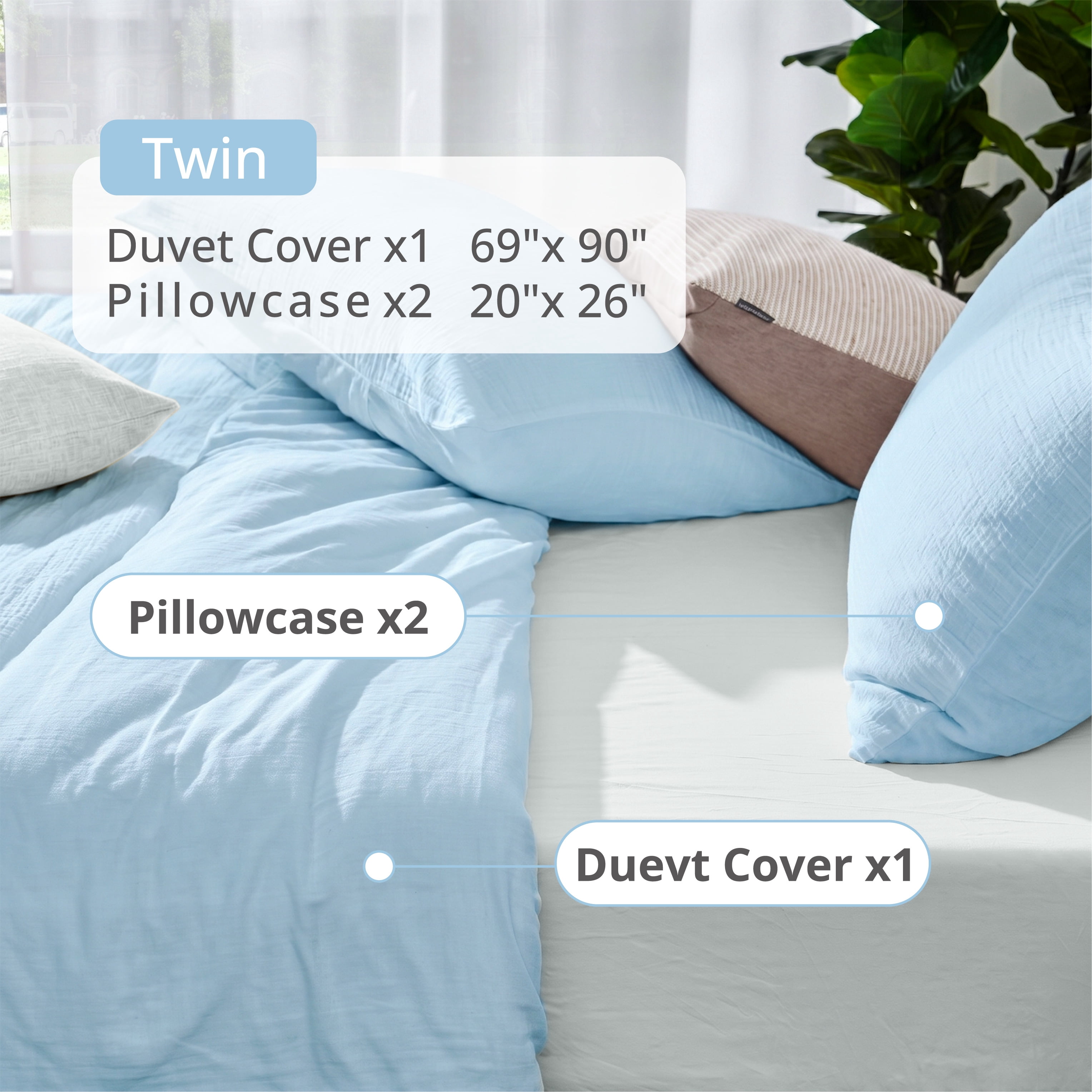 TechForma 100% Cotton Duvet Cover Set, Blue Double Layer Gauze Bed Set, 3 pcs Breathable & Crisp Soft Duvet Cover Set, Twin