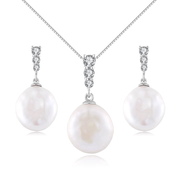 YAMI 11 mm Button White Pearl Necklace & Earrings Set, 925 Sterling Silver, Three-Diamond CZ, Cultured Pearl Valentine's Day Jewelry Gift for Women