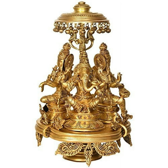 Exotic India Lakshmi,Ganesha and Saraswati Seated on Moving Chowki with Parasol - Brass Statue