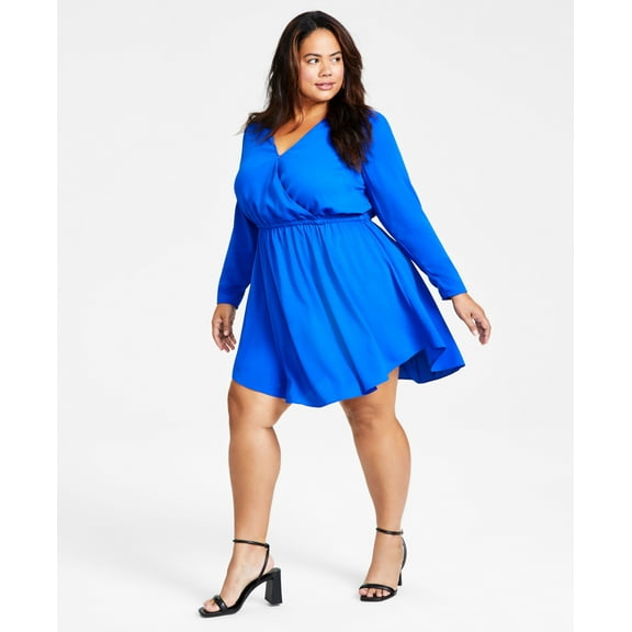 Plus Size Long-Sleeve Surplice A-Line Dress Deep Cobalt 1X