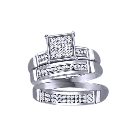 AFFY White Natural Diamond Engagement & Wedding Trio Band Ring Set In 10k White Gold (0.25 Cttw)