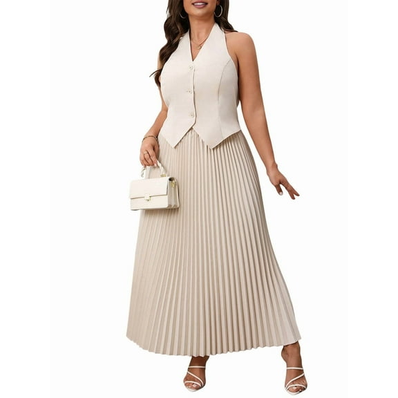 Women'S Plus Size Two-Piece Casual V-Neck Sleeveless Vest and High Waist Pleated Maxi Skirt Business Suit  XXXL