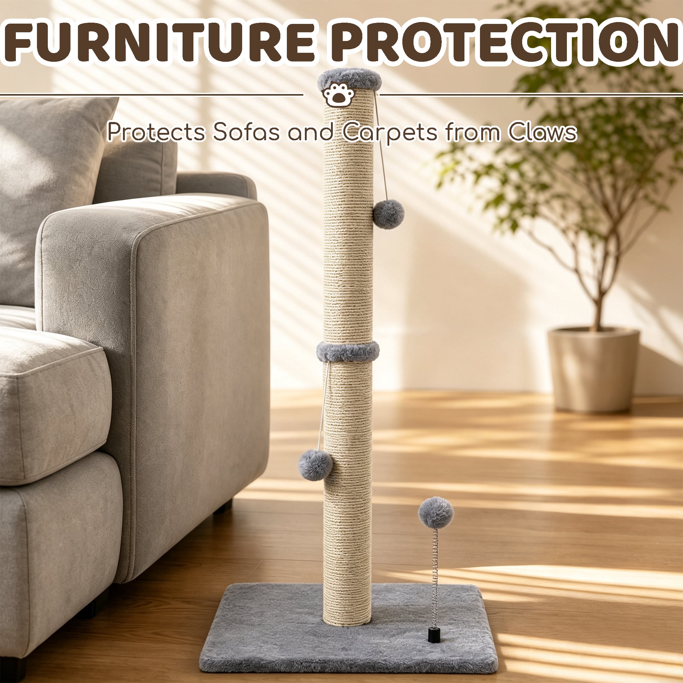GARITIN Cat Scratching Post, 31 Inch Tall Sisal Cat Scratcher with Interactive Plush Toy Balls
