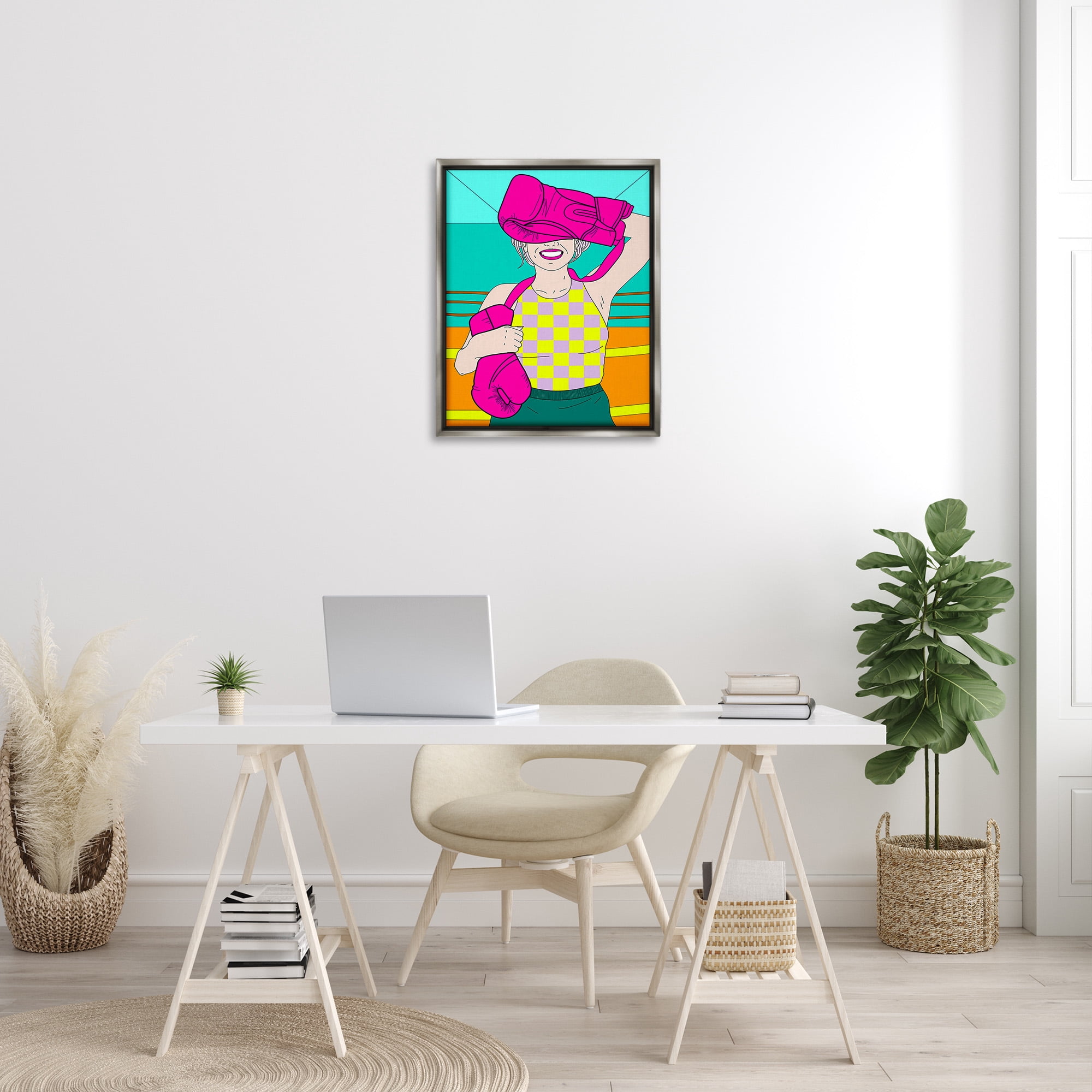 Stupell Industries Bold Kickboxing Woman Sports Painting Gray Floater Framed Canvas Art Print Wall Art, 25 x 31
