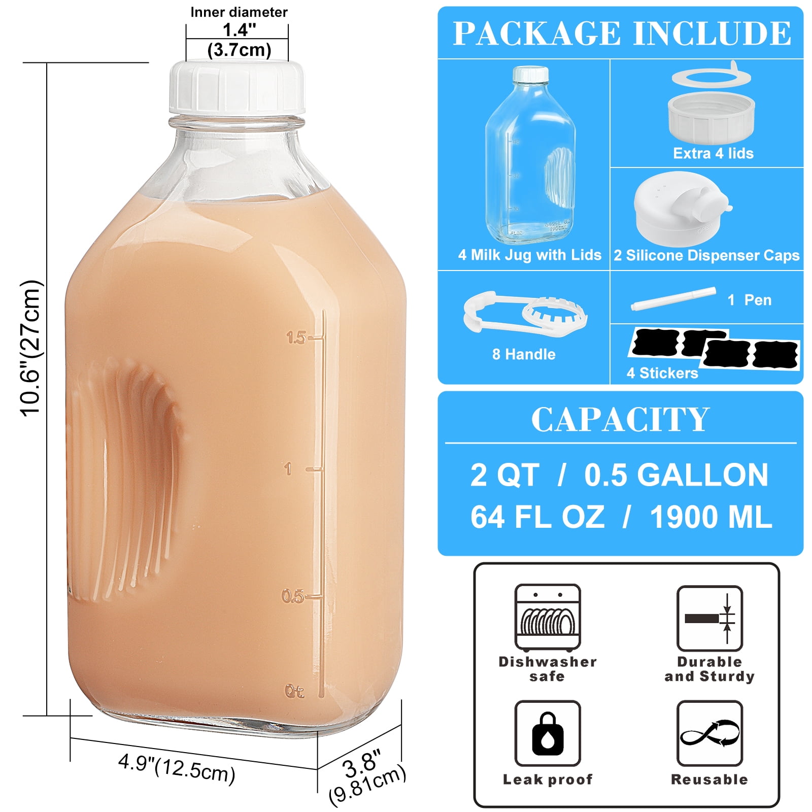 Syntic 4 Pack Glass Milk Bottles with Handle and Airtight Reusable Screw Lids, 1/2 Gal Glass Water & Juice Bottles with 2 Pour Spouts, 64 Oz Milk Jug Pitcher