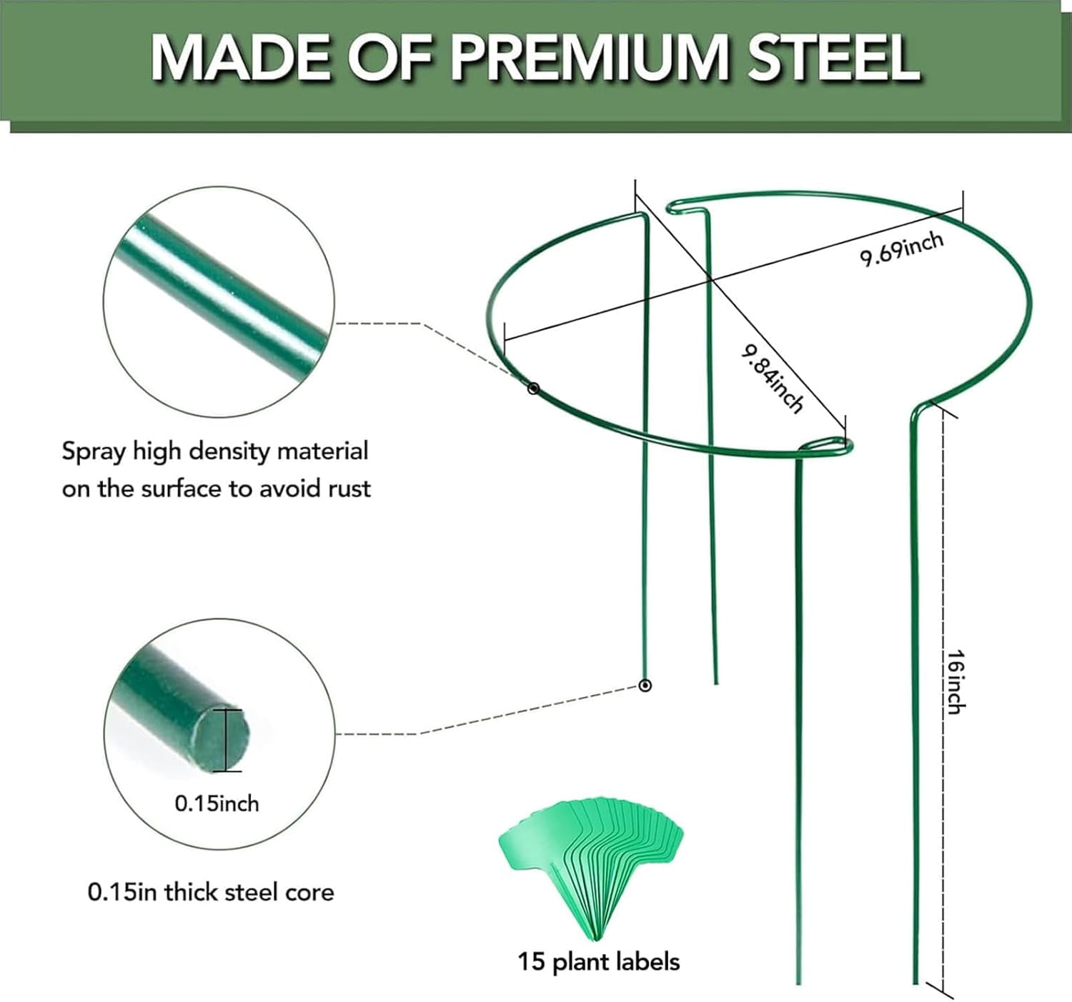 12 Pack Plant Support Stakes, 16 Inch Plant Stakes for Outdoor Plants, Peony Cages and Supports, Peony Cage with 15 Pcs Twist Ties, Flower Stakes Peonies Support Cages for Plants