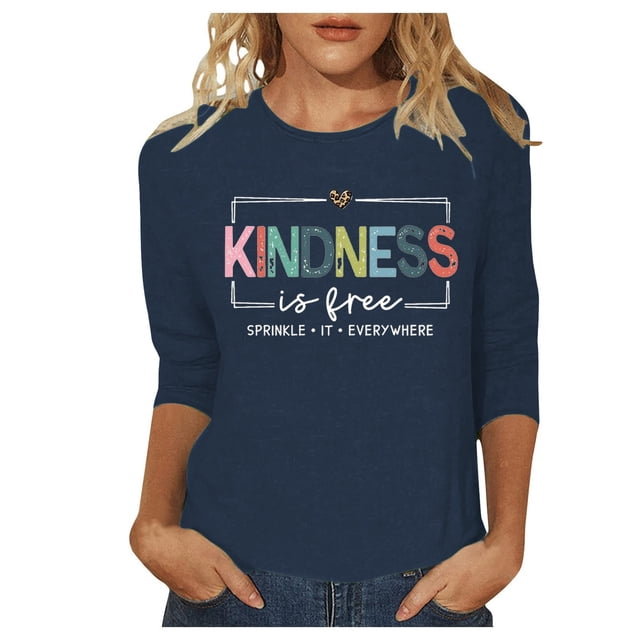 T-shirt Décontracté pour Femme à Col Rond avec Imprimé de Lettres, Manches 3/4