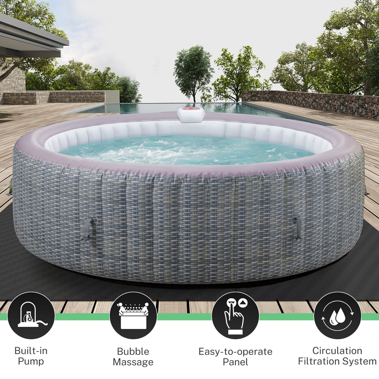 82'' Inflatable Hot Tub, Portable Hot Tub for Home Spa, Outdoor Round Hot Tub W/130pcs Jets, 6 Person Inflatable Pool with Heating, 4 Filters, 2 Cup Holders