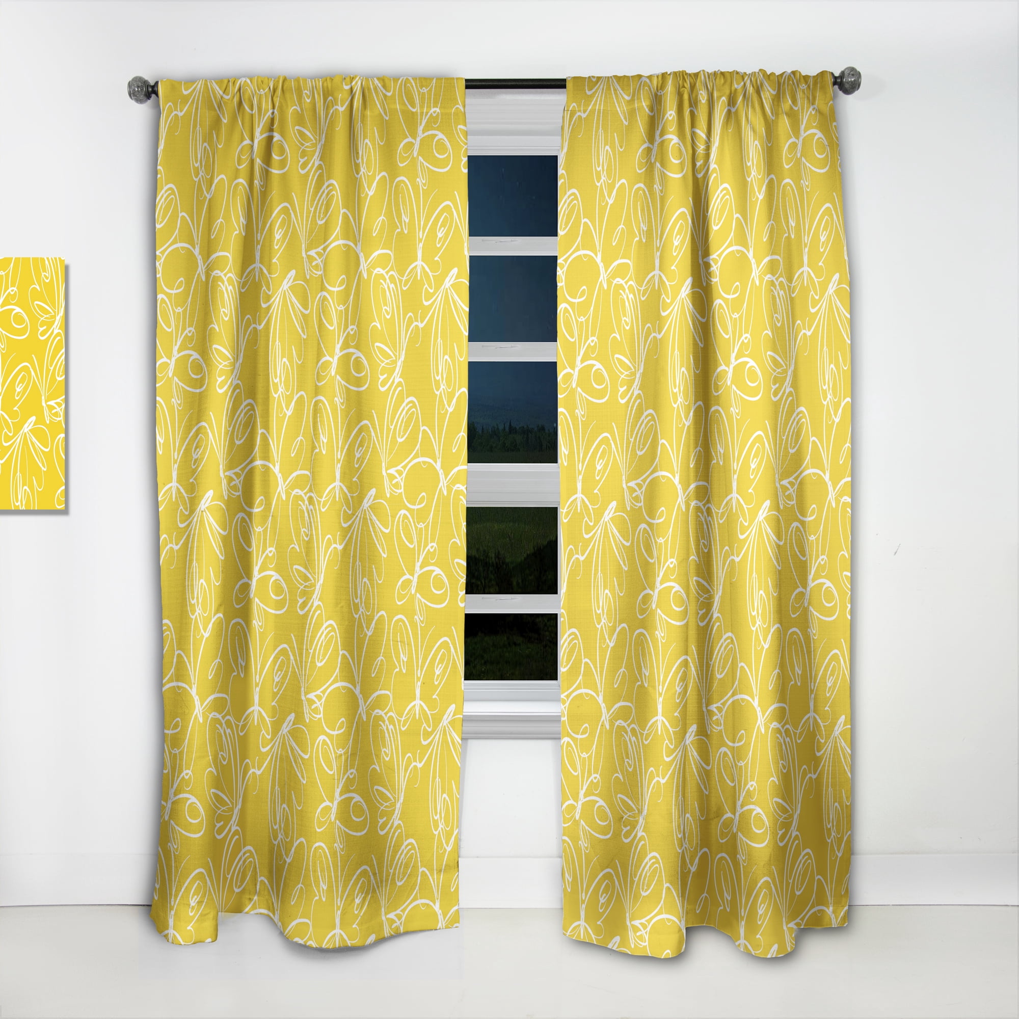 Designart 'Butterflies Yellow color Retro Pattern' Mid-Century Modern Curtain Panel