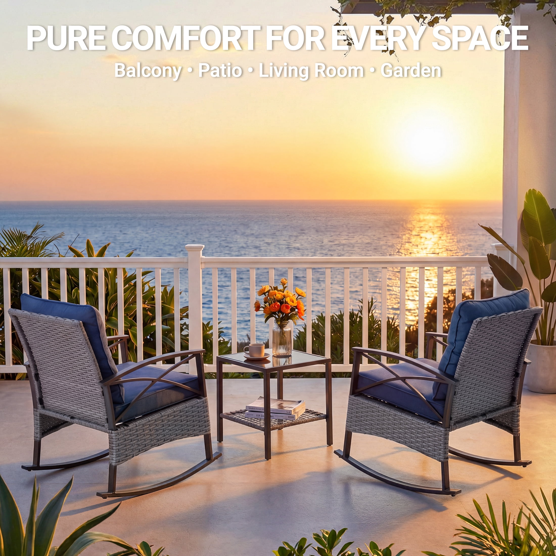 3 Pieces Patio Outdoor Conversation Set, Patio Furniture Bistro Set with 2-Tier Coffee Table, PE Wicker Rocking Chairs with Blue Cushions for for Backyard Porch Poolside
