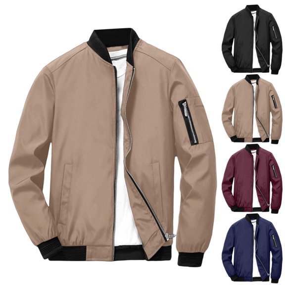 GrmtClth Mens Full Zip Jacket Stand Collar Striped Cuff Hem Thin Windbreaker Daily Travel Coat Khaki 3XL