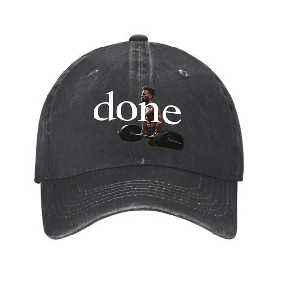 Vintage Cotton Washed Distressed Baseball Cap - Black Curved Brim Hat with ' done ' Graphic & Weightlifting Design for Fitness Enthusiasts - Unisex Golf Dad Hat