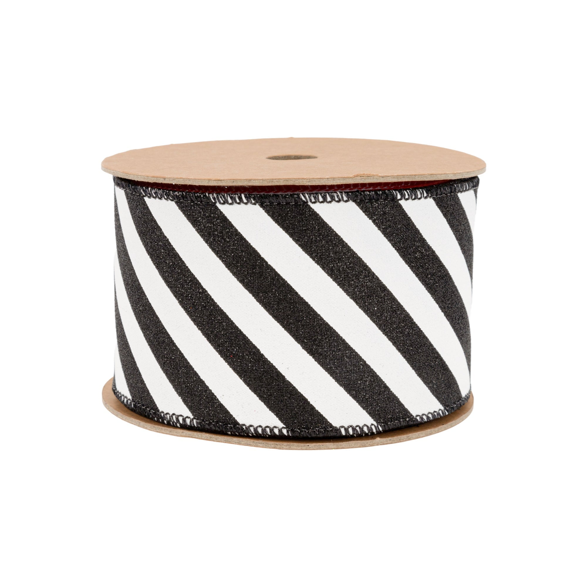 LaRibbons 2 1/2" Wired Ribbon, Black Glittered Diagonal Stripes on White, 10 Yard Roll