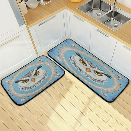 

Wobogo White Owl Pattern Kitchen Carpet Set of 2 Absorbent and Stain Resistant Non-slip Star Rubber Backing