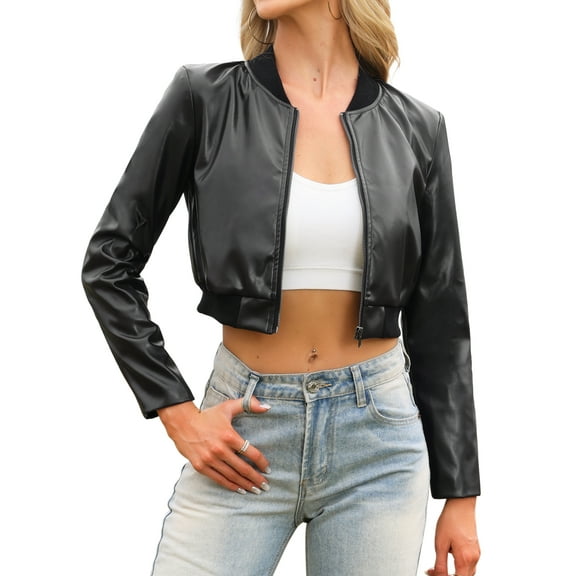 Allegra K Women's Bomber Jacket Cropped Faux Leather Jackets Casual Zip Up PU Moto Bike Outwear M Black