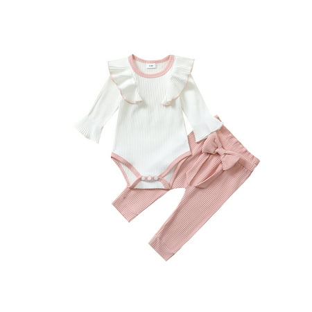 

Canrulo 2Pcs Newborn Infant Baby Girl Clothes Set Ribbed Long Sleeve Romper Top Bowknot Leggings Pants Outfits Pink 9-12 Months
