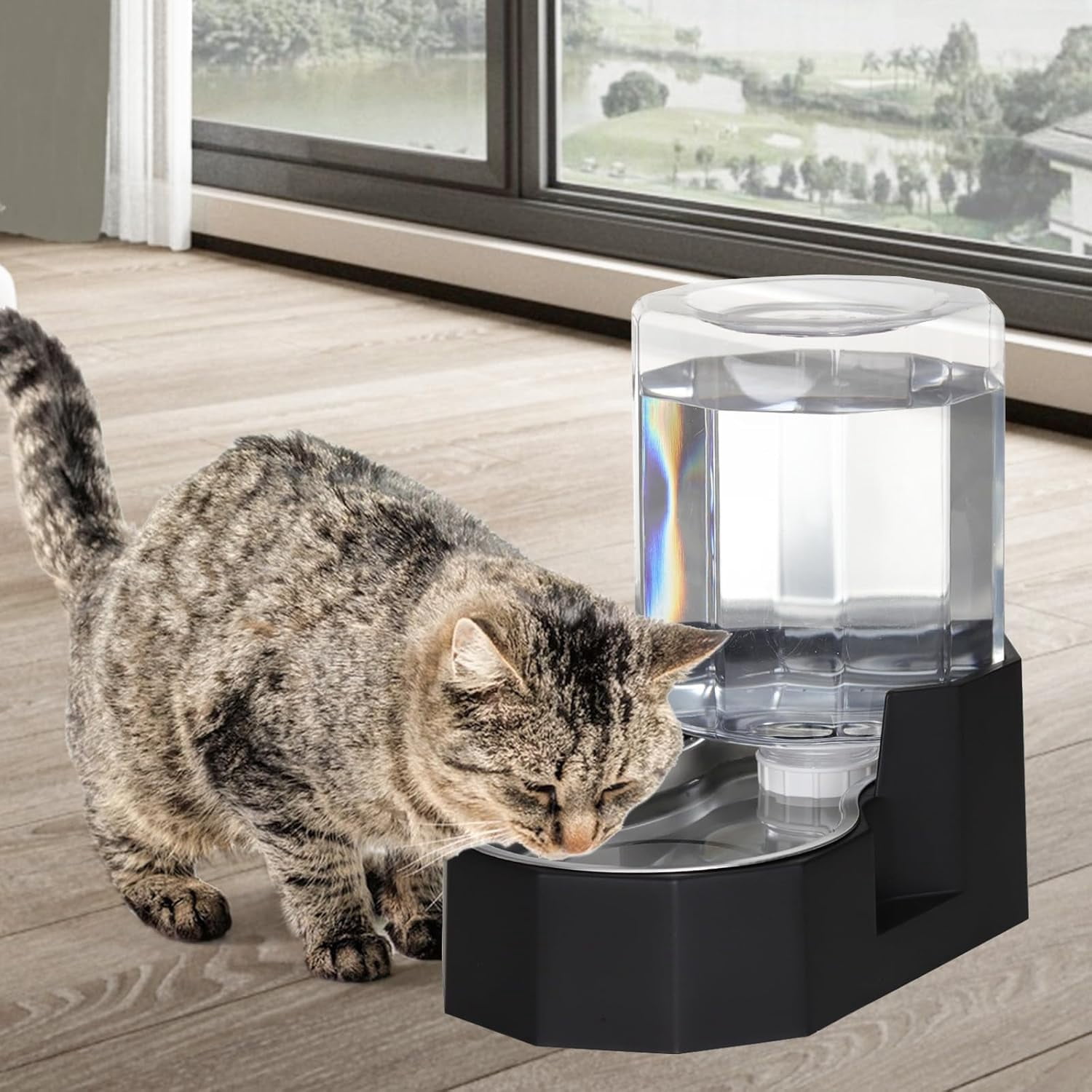 Dog Water Bowl Dispenser: 6L Large White Gravity Stainless Steel Bowl - Without Filter - Pet Feeder for Pets Indoor/Outdoor Use by Owners