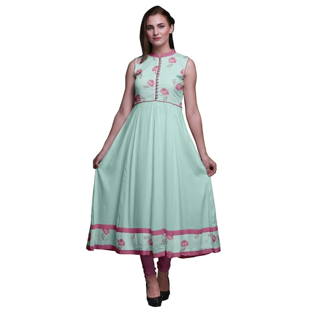 Bimba Robe Anarkali Florale Pastel Menthe Col Mandarin Sans Manches Kurtis pour Femmes Imprimé Robe Maxi Moyen