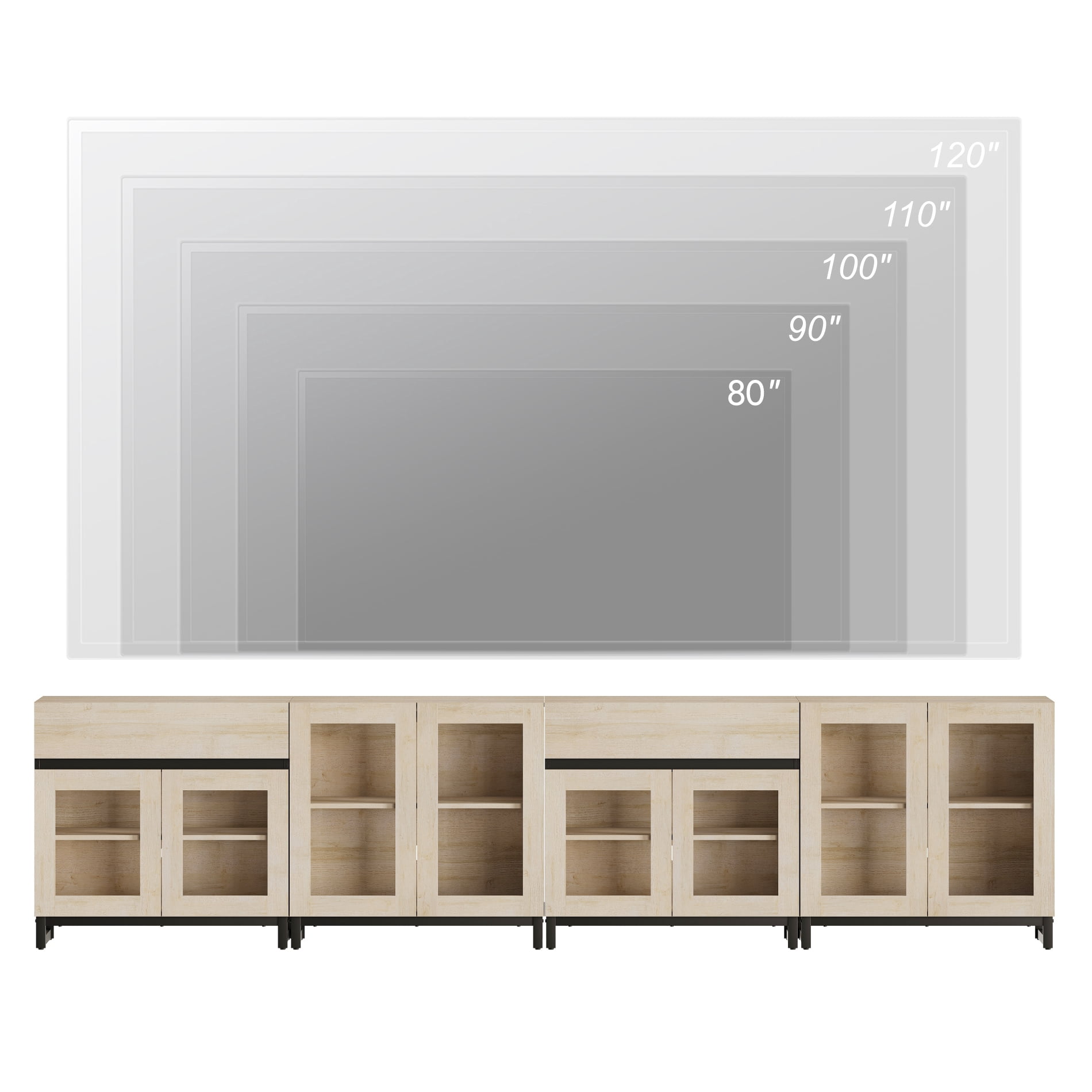 Modern TV Stand For Tvs Up To 120 Inches, 4 In 1 TV Console With Glass Doors And 2 Drawers, Entertainment Center With Adjustable Shelf For Living Room, Bedroom,Beige
