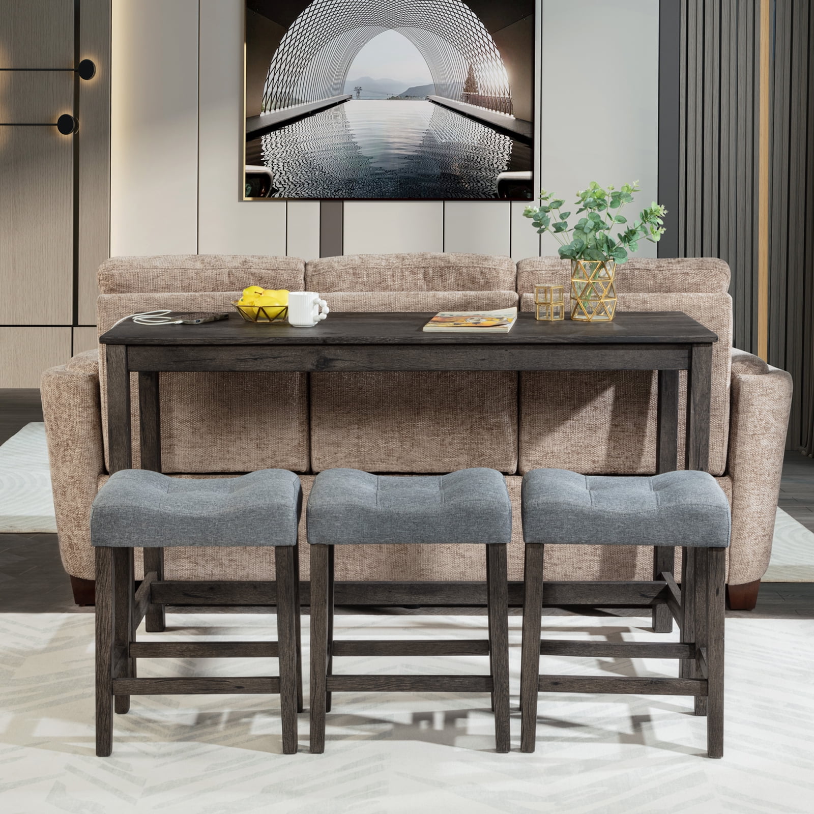 MAYEERTY 4-Piece Bar Table Set with USB Charging Port – Modern Sofa Bar Table and Upholstered Stools Set for Behind Couch, Dining Room, or Living Room