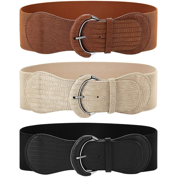 3 Pieces Wide Women Waist Belt Stretchy Cinch Belt Leather Elastic Belt for Ladies Dress Decoration, Black, Khaki, Beige, One Size