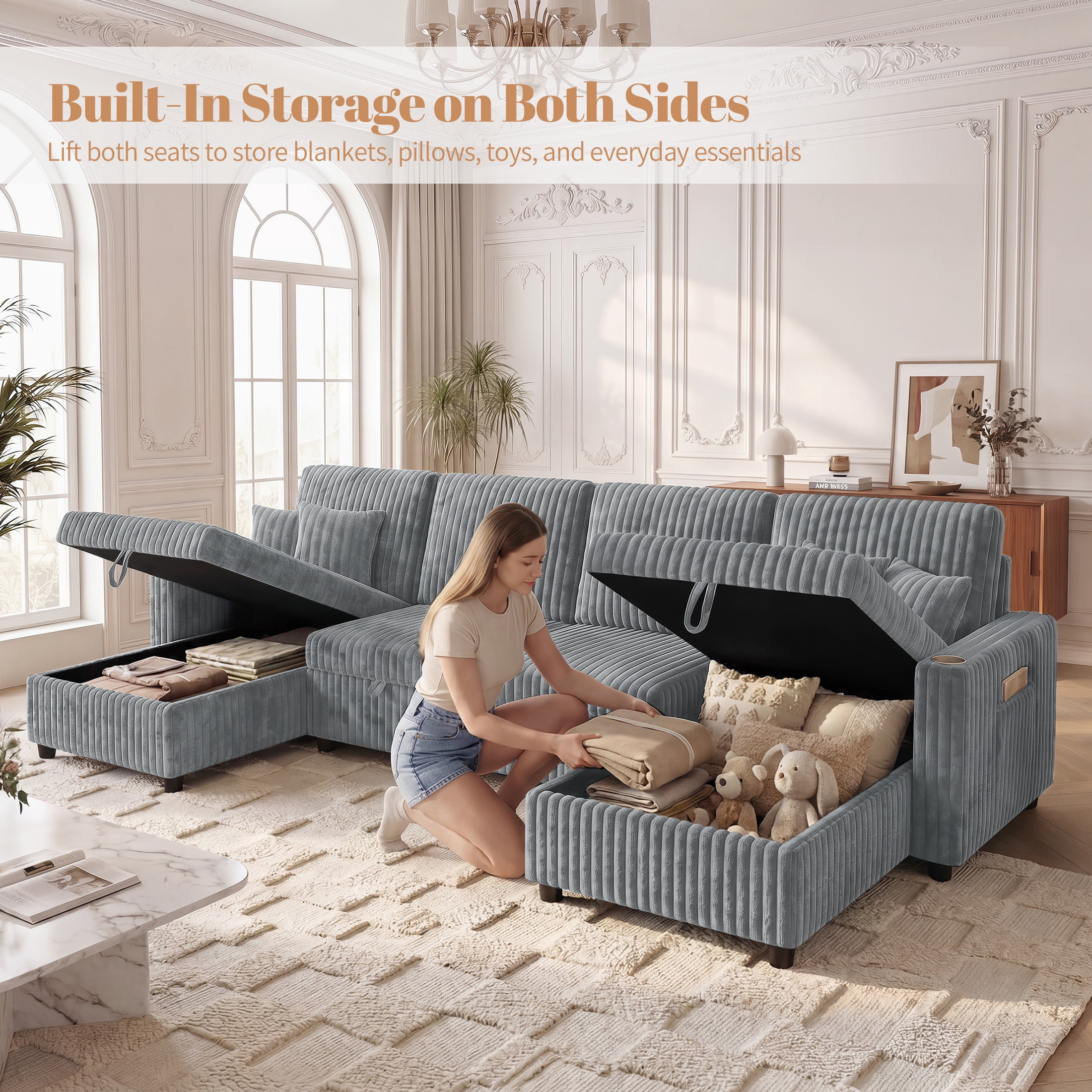 Aenkyo 110" U-Shaped Sleeper Sofa with Pull Out Bed, Storage Chaises and USB, Light Gray