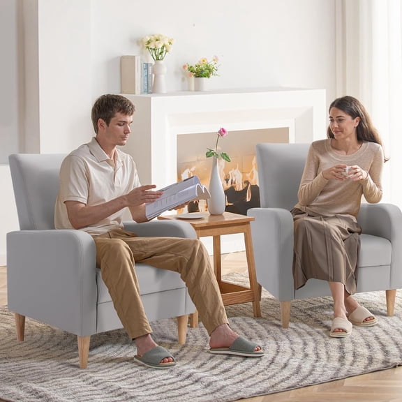 Faux Leather Accent Living Room Chairs Set of 2, Upholstered Arm Chair Reading Side Chair, Single Sofa with Back Pillow and Wood Legs, L-Khahi