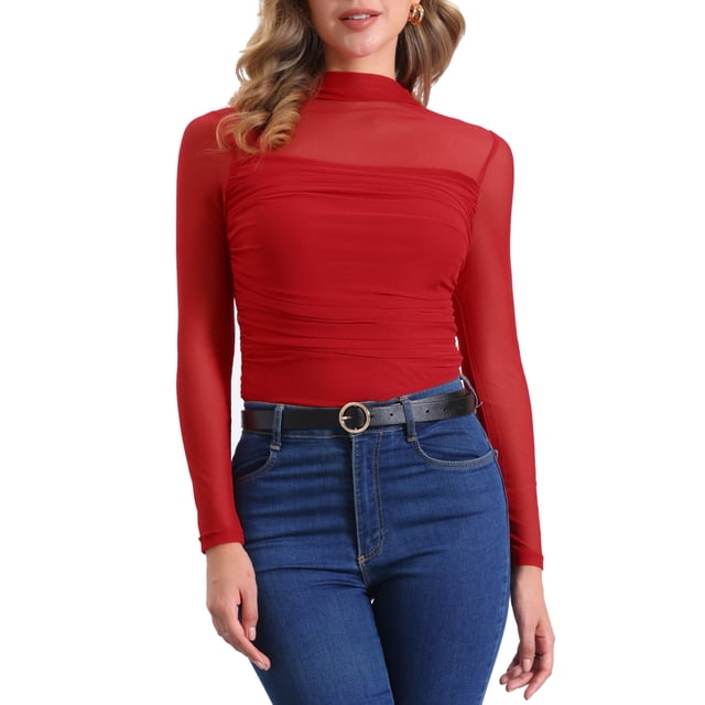 INSPIRE CHIC Haut en Maille pour Femmes Manches Longues Col Montant Panneau Transparent avec Fronçage Latéral m Rouges