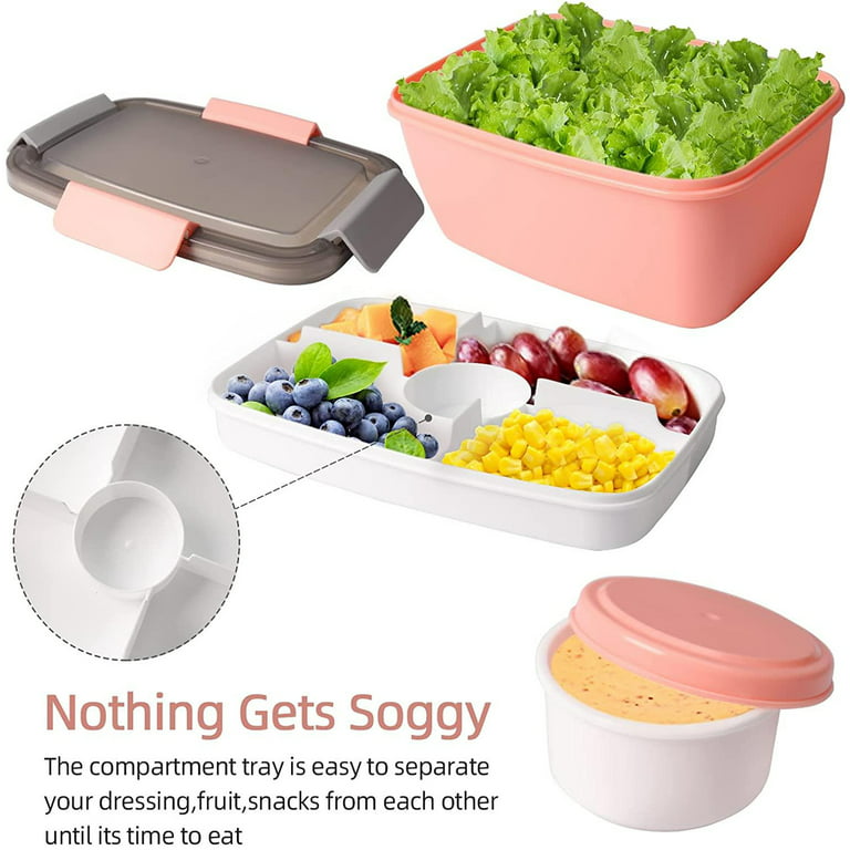 68-oz Salad Bento Box for Adults and Kids,Bento Lunch Box 68 oz Salad Bowl  with 5-Compartment,Lunch Box Container with 1pcs Salad Dressing Container