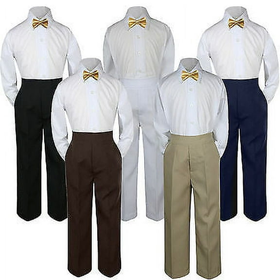 3pc Mustard Yellow Bow Tie Suit Shirt Pants Set Baby Boy Toddler Kid Uniform S-7