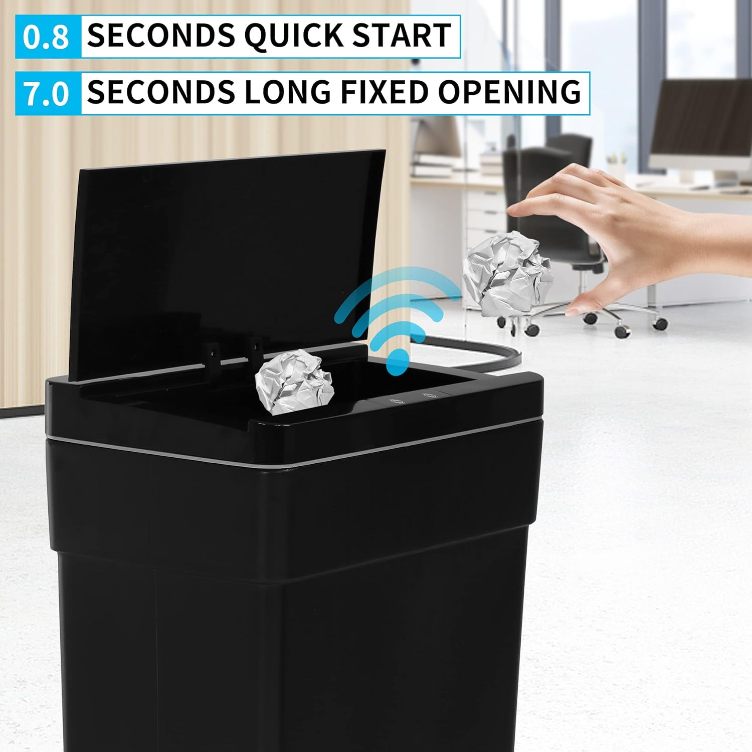 BIQWBIC 13 Gallon Plastic Automatic Trash Can,Motion Sensor Kitchen Trash Can for Kitchen, Bathroom, Office, Black