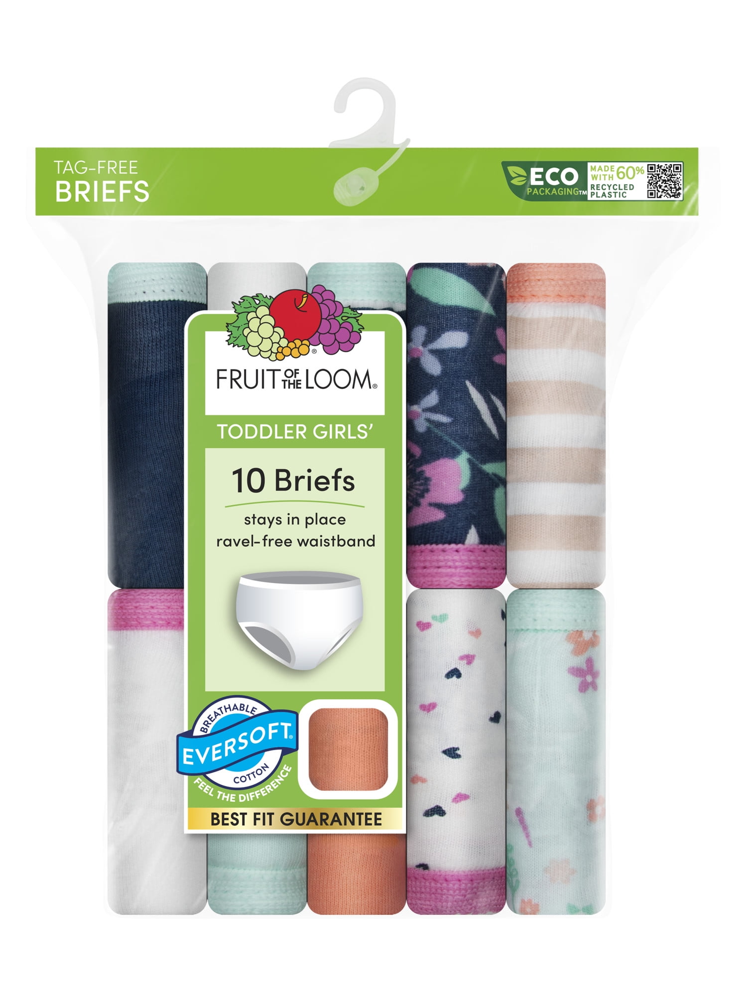 Fruit of the Loom Toddler Girl EverSoft Cotton Brief Underwear, 10 Pack, Sizes 2T-5T