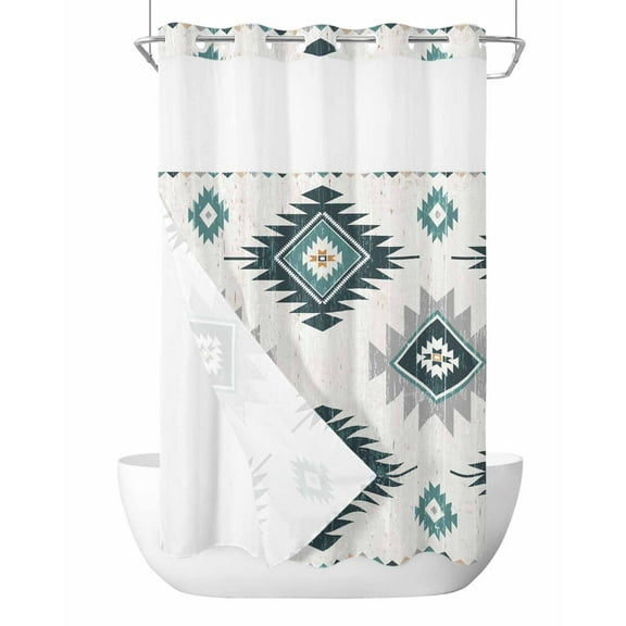 No Hook Cloth Fabric Shower Curtain with Snap in Liner, Turquoise Aztec Waterproof Shower Curtains Set with See Through Top Window, Bohemian Southwest Neutral Aesthetic Bath Curtains Shower 54"x78"
