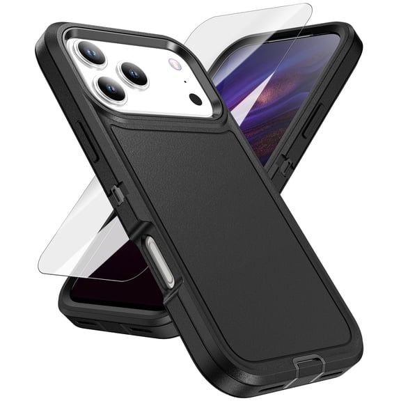 Dteck For iPhone 17 Pro Max Case with HD Screen Protector, Hybrid Drop Protection Heavy Duty Sturdy Shockproof Slim Fit Anti-Slip Hard PC   Soft TPU Rubber Protective Phone Cover, Black