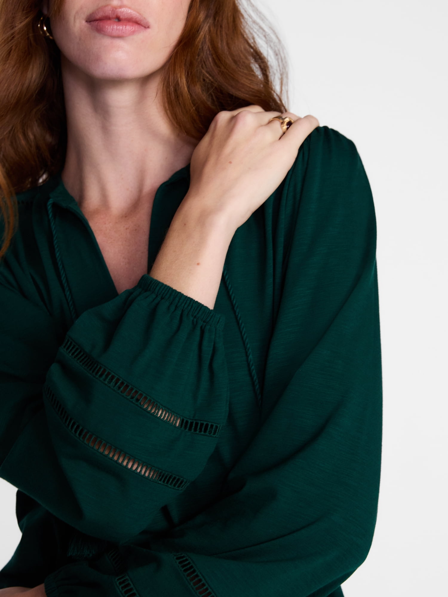 Scenario Women's Slub Knit Split Neck Top with Long Sleeves, Sizes XS-XXXL