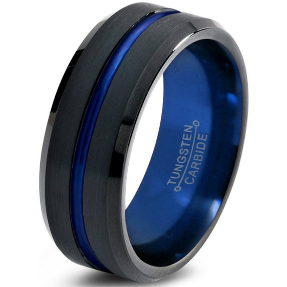 P. Manoukian Tungsten Wedding Band Ring 8mm for Men Women Blue Black Beveled Edge Brushed Polished Lifetime Guarantee Size 14