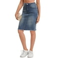 thumbnail image 4 of INSPIRE CHIC Women's Jean Skirts Raw Hem High Waisted Pockets Stretch Mid Length Denim Skirts M Dark Gray Blue, 4 of 6