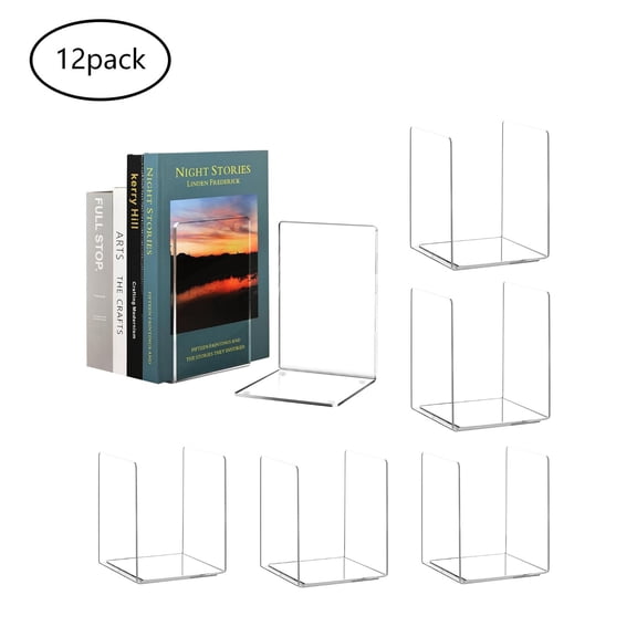 12-Piece Clear Acrylic Bookends Set for Heavy Books, acrylic book stand 6 Pair Decorative Book Holder for Home Library Office Shelves, 5 x 5 x 7.3 Inch