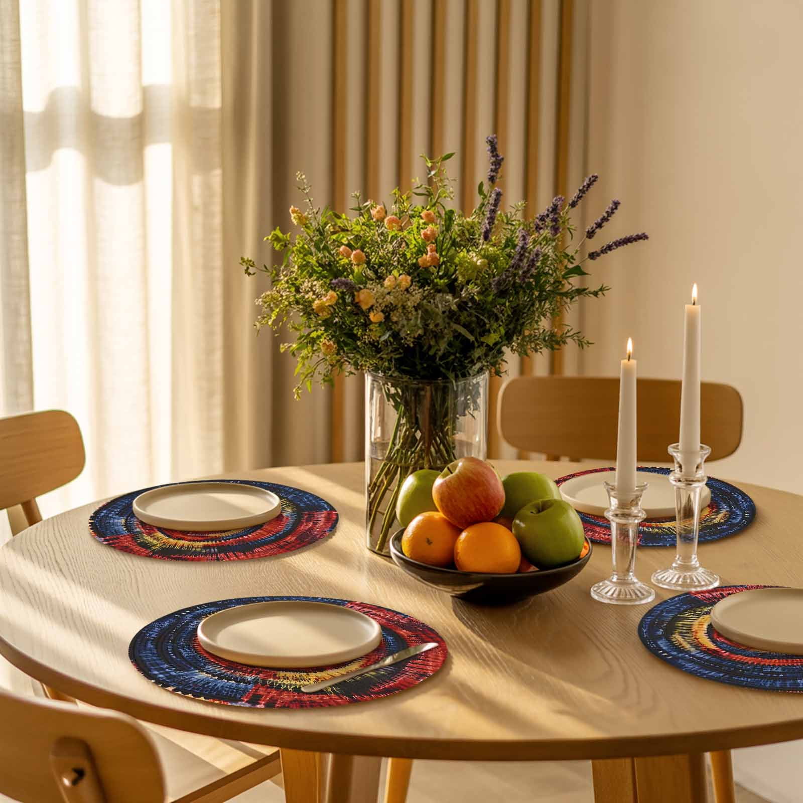 Red Yellow Blue Round Placemats Set of 8 Ethnic Geometric Art Modern Abstract Place Mats Indoor Woven Table Mats Washable Heat-Resistance Braided Dining Table Placemats for Kitchen Party 15 Inch