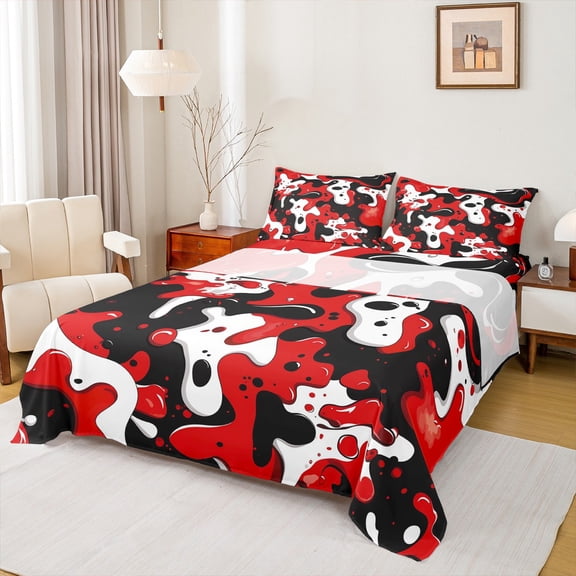 Feelyou Teens Camouflage Full Size Sheets, Black Red Camo Bed Sheets, Chic Artwork Abstract Sheet Sets, Luxury Bedroom Decor, 4 Pieces