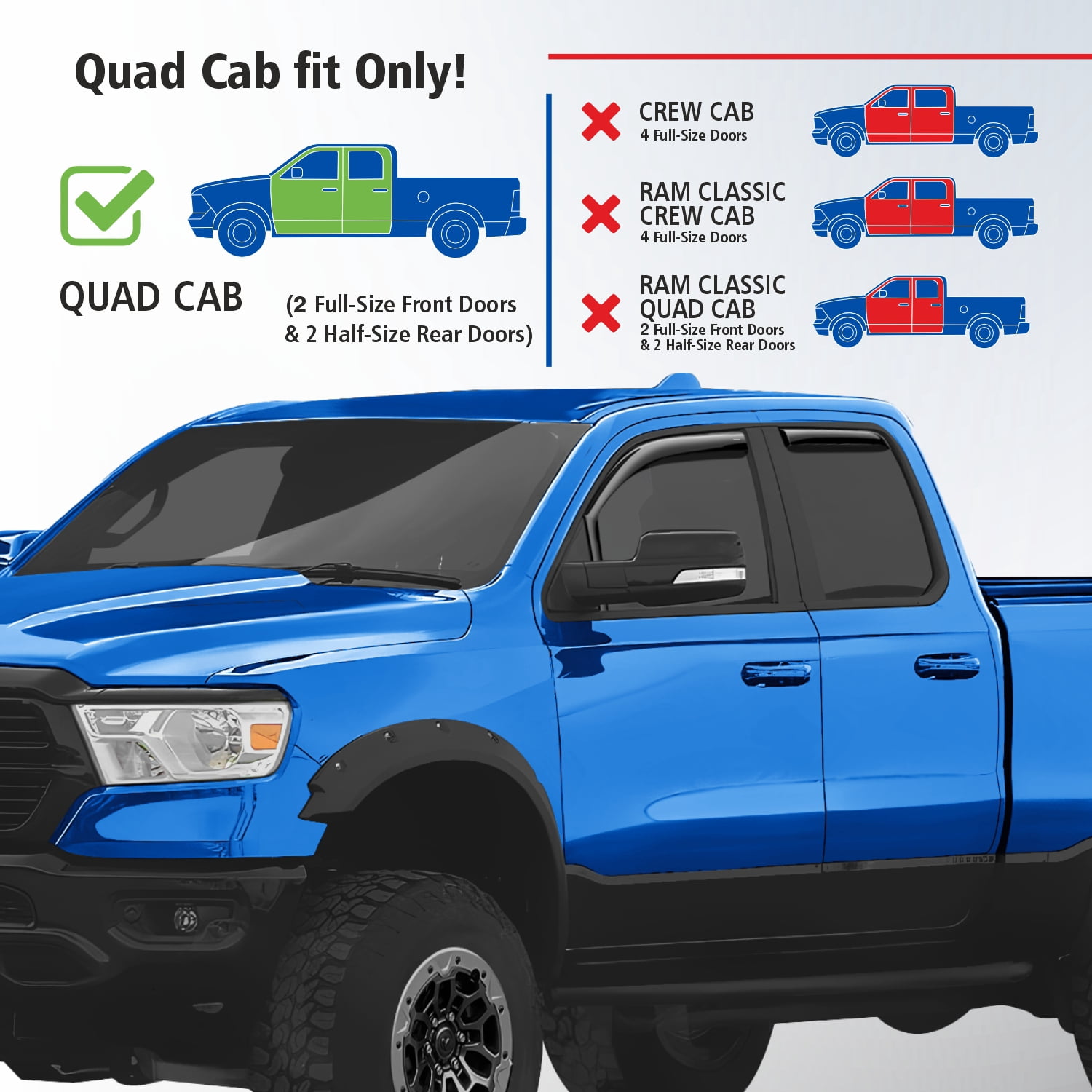 Goodyear Shatterproof in-Channel Window Deflectors for Trucks Dodge RAM 1500 2019-2024 Quad Cab, Rain Guards, Window Visors for Cars, Vent Deflector, Truck Accessories, 4 pcs- GY003414LP