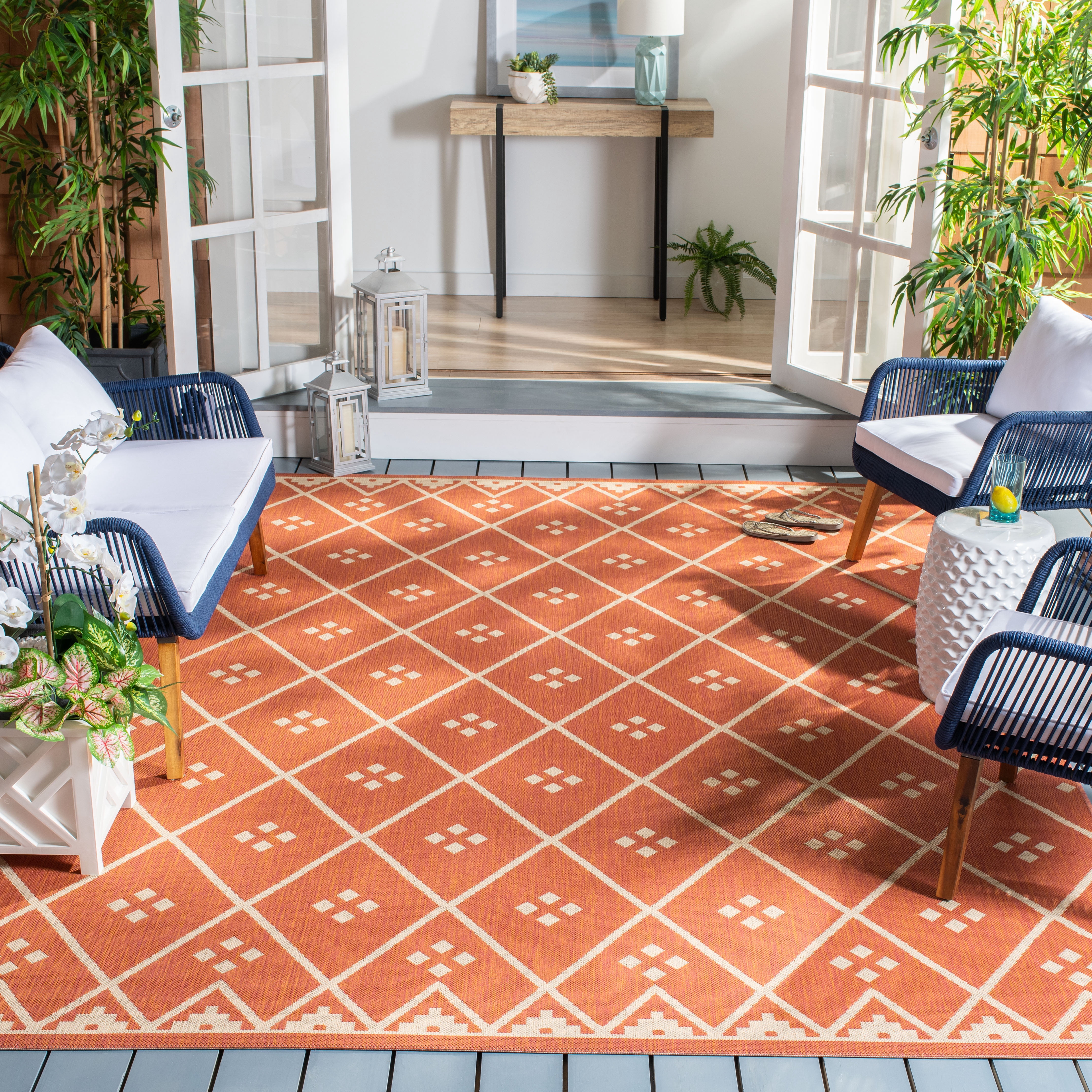 Safavieh Courtyard Cori Bordered Indoor/Outdoor Area Rug, Terracotta/Light Beige, 6'7" x 6'7" Square