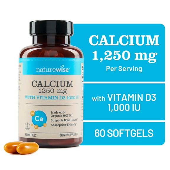NatureWise Calcium 1250mg   D3 1000IU   Organic MCT Oil - 60 Softgels[30-Day Supply]
