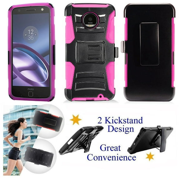 for 5.5" Motorola Z moto Z DROID Case Belt Clip Holster Phone Case 2 Kick stand Hybrid Shockproof Armor Impact Bumper Cover Pink